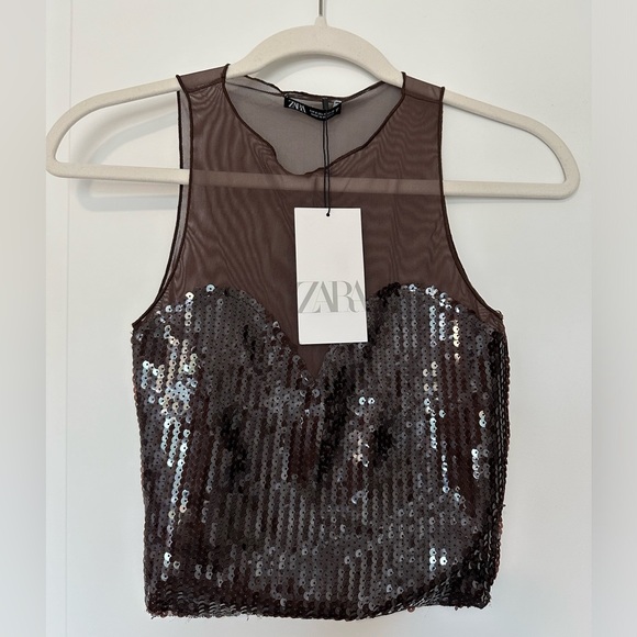 Zara Brown Sequin Tulle crop top NWT - Picture 4 of 6